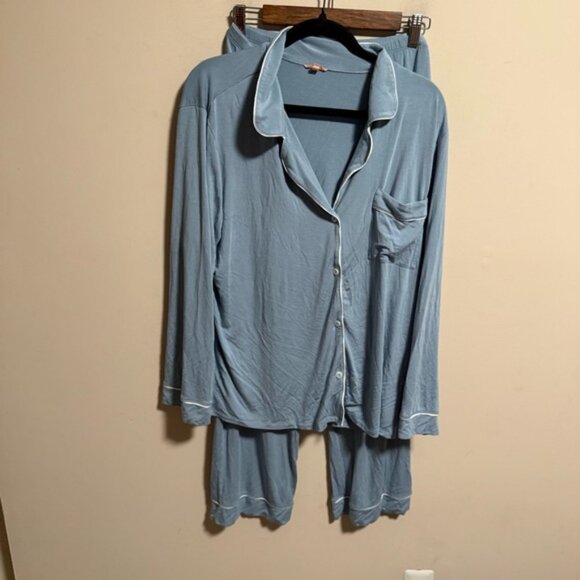 Eberjey Gisele TENCEL Modal Long PJ Set Blue Faded Denim Ivory Blue- Size XL - Picture 2 of 7